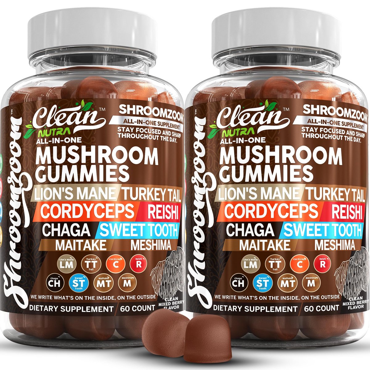 15in1 Mushroom Gummies with Lion's Mane Turkey Tail Cordyceps Reishi Chaga Sweet Toot Maitake Meshima Poria Cocos Shiitake Tremella, Oyster Agaricus Mushrooms for Men and Women Supplement - 2Pack - görsel 2