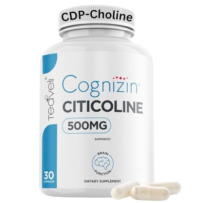 Teaveli Cognizin Citicoline - 500mg CDP Choline Capsules - Clinically Studied Brain Supplement to Support Clarity, Concentration and Memory – Most Bioavailable Form of Choline Supplements - 30 Servings