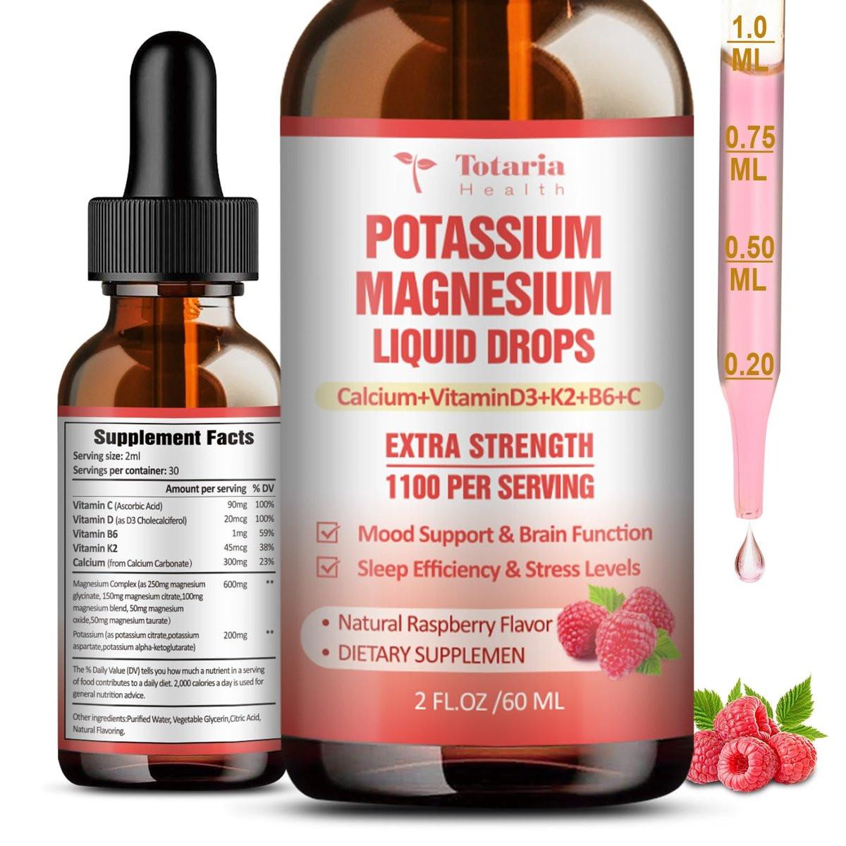 Potassium Magnesium Supplement Liquid Drops - High Absorption Potassium Supplement with Magnesium, Calcium, Vitamin D3 K2, Vegan, Non-GMO Potasio Support Leg Cramps, Bone, Muscle - 2 Fl oz - görsel 1
