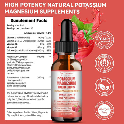 Potassium Magnesium Supplement Liquid Drops - High Absorption Potassium Supplement with Magnesium, Calcium, Vitamin D3 K2, Vegan, Non-GMO Potasio Support Leg Cramps, Bone, Muscle - 2 Fl oz