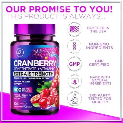 Cranberry Extract 500mg Per Serving Supplement Pills - 3X Strength Concentrated Whole Fruit Cranberry with Vitamin C, Triple Strength for Cleanse & Urinary Tract Health Support - 120 Capsules - görsel 1