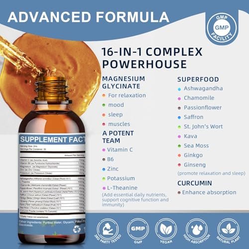 Magnesium Glycinate Liquid Drops with L-Theanine, Ashwagandha & Saffron - Herbal Sleep & Calm Support with Chamomile, Passionflower & Kava - Relaxation, Mood & Nerve Support - Sugar Free - 1 Pack - görsel 4