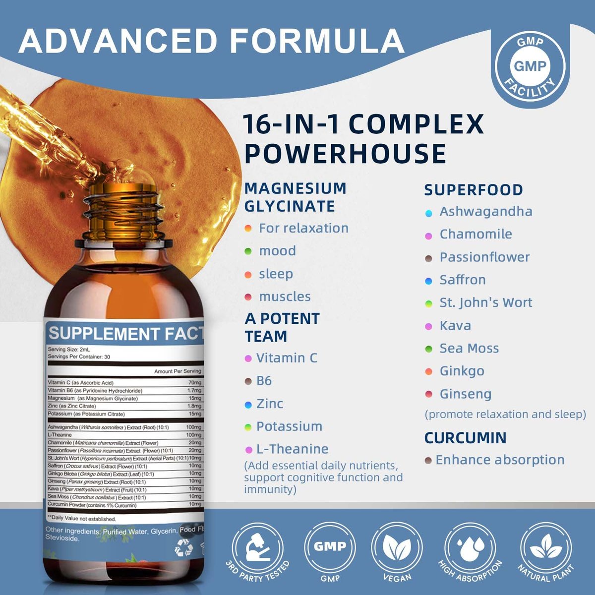 Magnesium Glycinate Liquid Drops with L-Theanine, Ashwagandha & Saffron - Herbal Sleep & Calm Support with Chamomile, Passionflower & Kava - Relaxation, Mood & Nerve Support - Sugar Free - 1 Pack - görsel 3