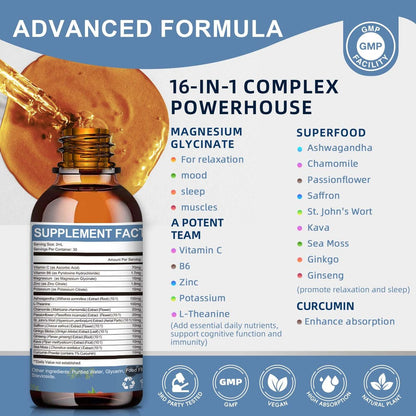 Magnesium Glycinate Liquid Drops with L-Theanine, Ashwagandha & Saffron - Herbal Sleep & Calm Support with Chamomile, Passionflower & Kava - Relaxation, Mood & Nerve Support - Sugar Free - 1 Pack