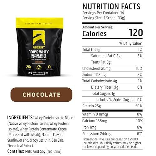 Ascent 100% Whey Protein Powder - Post Workout Whey Protein Isolate, Zero Artificial Flavors & Sweeteners, Gluten Free, 5.5g BCAA, 2.6g Leucine, Essential Amino Acids, Chocolate 1 lb - görsel 2