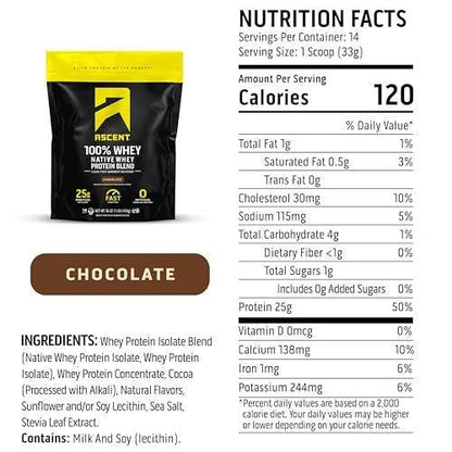 Ascent 100% Whey Protein Powder - Post Workout Whey Protein Isolate, Zero Artificial Flavors & Sweeteners, Gluten Free, 5.5g BCAA, 2.6g Leucine, Essential Amino Acids, Chocolate 1 lb