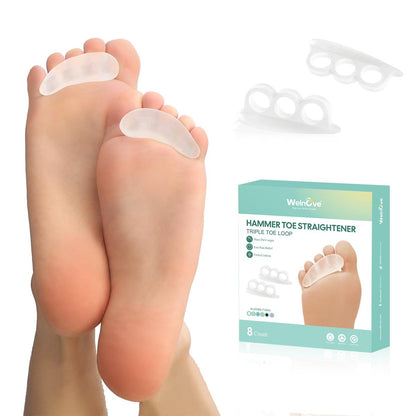 Welnove Hammer Toe Straightener Toe Corrector for Women - 8 Pcs Hammer Toe Cushion Pads for Bent, Crooked, Curled, Claw, and Hammer Toes - Soft Support and Realignment (Clear, 3 Loop Design)