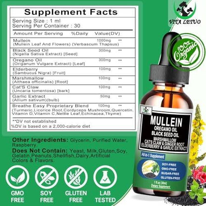 16-in-1 Organic Mullein Drops for Lungs | Mullein Leaf Extract w/Oil of Oregano with Black Seed Oil | Non-GMO & Gluten Free Respiratory Health Liquid Drops | Mullein Supplement Cleanse for Smokers