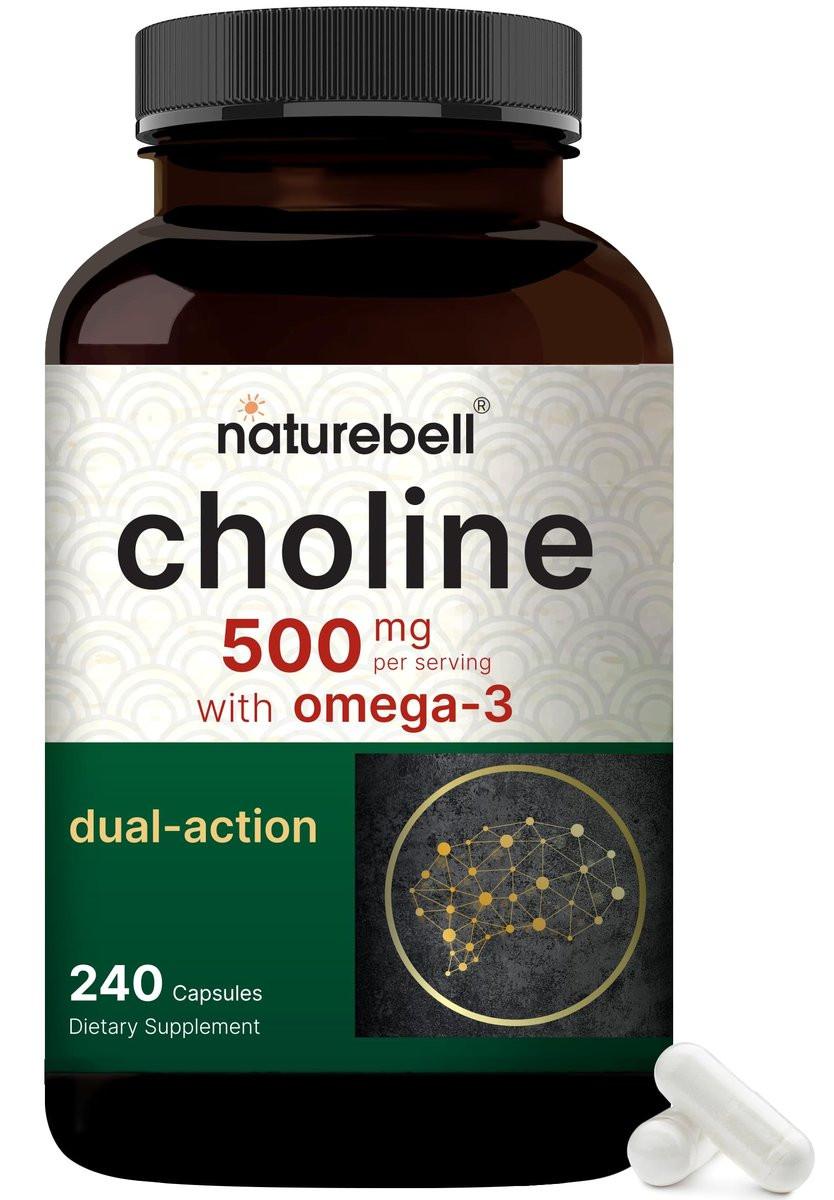 NatureBell Choline 500 mg with Omega-3 Fatty Acids, 240 Capsules | Extra Strength 2-in-1 Choline Bitartrate Formula | Non-GMO - görsel 1