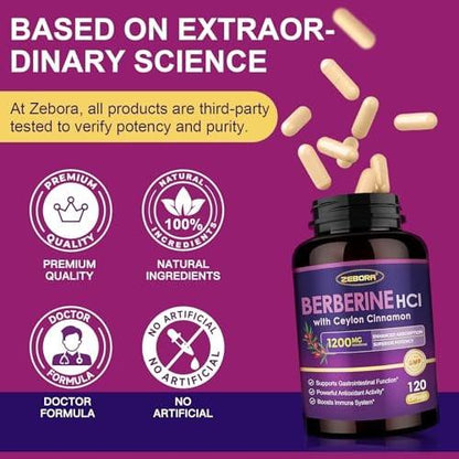 ZEBORA Premium Berberine HCL Supplement 1200 mg, Berberine GLP-1 Support with Ceylon Cinnamon, ALA & Capric Acid, Supports Immune & Antioxidant, Non-GMO, 120 Capsules