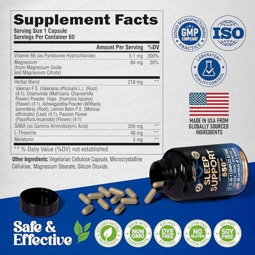 Sleeping Pills for Adults 550mg - Melatonin 3mg | Valerian Root for Sleep | L-Theanine | Magnesium - Natural Sleep Aid Supplement - Non-Habit Forming Rest Support - Lab Tested - 1/day, 2 Month Supply - görsel 6