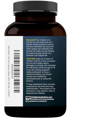 NatureBell Taurine 1,000mg Per Serving, 500 Capsules | Essential Amino Acids Supplement – Double Strength – Antioxidant Support for Heart, Muscle, Brain, & Liver Health – Non-GMO, Gluten Free