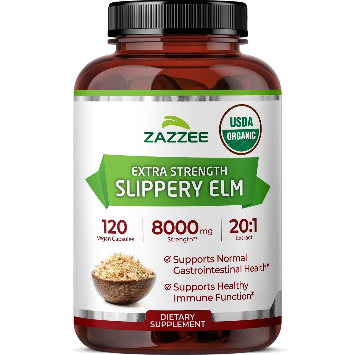 Zazzee USDA Organic Slippery Elm Bark 20:1 Extract, 120 Vegan Capsules, 4 Month Supply, Ulmus Rubra, Digestive, Throat & Mucosal Support, Herbal Supplement, All-Natural, Non-GMO, Made in the USA - görsel 6