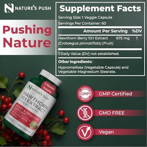 Nature's Push Super Potent Hawthorn Berry Supplement 10:1 Extract 675mg Capsules for Digestion Heart Health, Glycemic Support - Extra Strength Non-GMO Gluten Free Vegan GMP USA (60 Count) - görsel 9