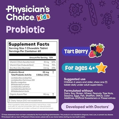 Physician's CHOICE Probiotics for Kids - 7 Diverse Strains, Organic Prebiotics, Vitamins & Minerals - Clinically Studied L. Rhamnosus - Immune & Digestive Support - No Sugar or Artificial Dyes - 60ct