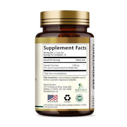 Quercetin Dihydrate 1000mg per Serving - Premium Plant-Based Bioflavonoids - Extra Strength Antioxidant Immune & Respiratory Health Support - High Absorption Quercetin Dihydrate - 60 Veggie Capsules