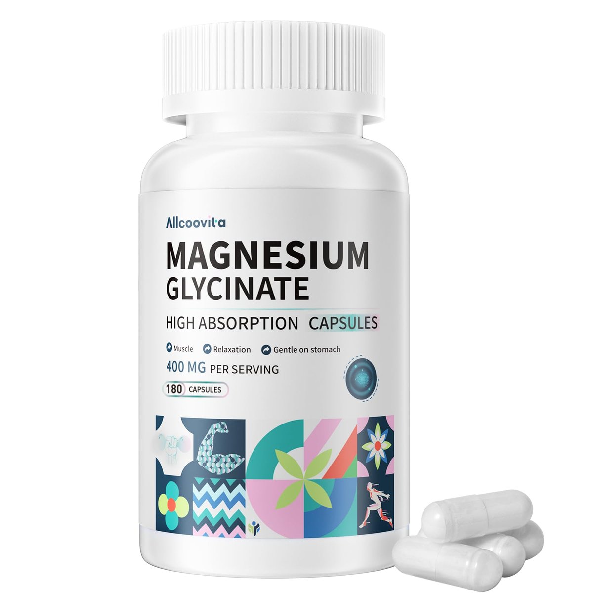 Magnesium Glycinate 400 MG per Serving 100% Chelated for High Absorption, Gentle On Stomach, Non-GMO, 180 Vegetarian Capsules – Image 2