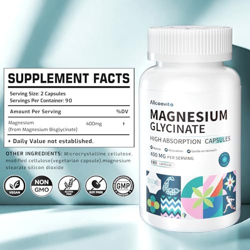 Magnesium Glycinate 400 MG per Serving 100% Chelated for High Absorption, Gentle On Stomach, Non-GMO, 180 Vegetarian Capsules – Image 3
