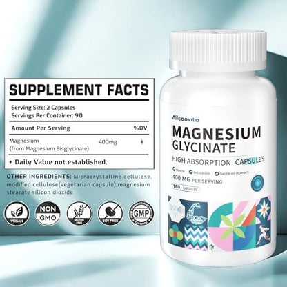 Magnesium Glycinate 400 MG per Serving 100% Chelated for High Absorption, Gentle On Stomach, Non-GMO, 180 Vegetarian Capsules – Image 3