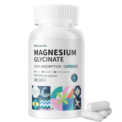 Magnesium Glycinate 400 MG per Serving 100% Chelated for High Absorption, Gentle On Stomach, Non-GMO, 180 Vegetarian Capsules – Image 1