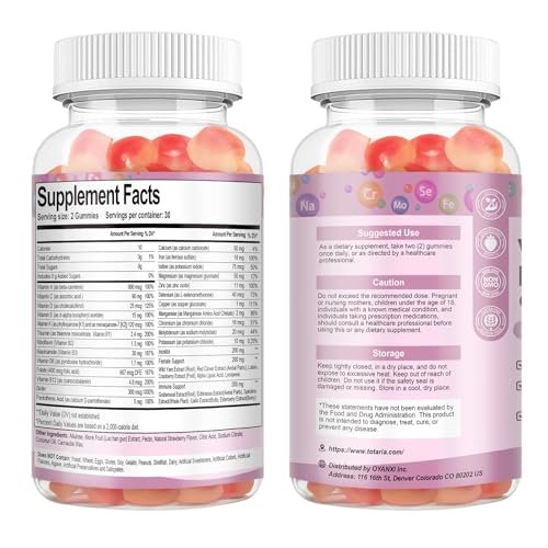 Totaria Sugar Free Multivitamin Gummies for Women 14+ w/Iron, Inositol, Folate, Biotin, Womens Daily Multivitamin Gummy w/Vitamin A, C, B, D3, K2, for Hair, Skin, Energy, Immune, Strawberry Flavor - görsel 13