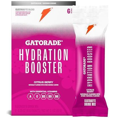 Gatorade Hydration Booster Electrolyte Drink Mix Powder Packets, Citrus Berry, Advanced Electrolyte Blend, No Added Colors, No Artificial Sweeteners, Essential Vitamins A, C, B3, B5, B6, Makes 20 Fl Oz (6 Pack)