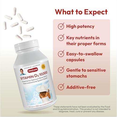 ANDREW LESSMAN Vitamin D3 10,000 IU 60 Capsules - High Potency, Essential for Calcium Absorption, Supports Bone Health, Brain Health, Immune System, More. Small Easy to Swallow Capsules - görsel 8