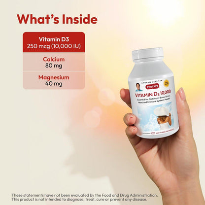 ANDREW LESSMAN Vitamin D3 10,000 IU 60 Capsules - High Potency, Essential for Calcium Absorption, Supports Bone Health, Brain Health, Immune System, More. Small Easy to Swallow Capsules