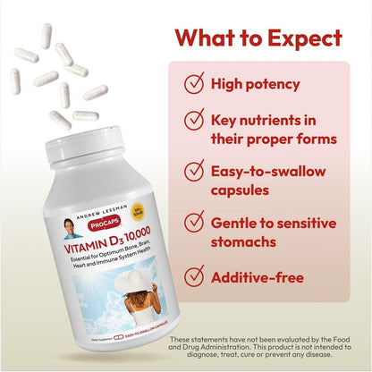 ANDREW LESSMAN Vitamin D3 10,000 IU 60 Capsules - High Potency, Essential for Calcium Absorption, Supports Bone Health, Brain Health, Immune System, More. Small Easy to Swallow Capsules