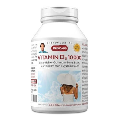 ANDREW LESSMAN Vitamin D3 10,000 IU 60 Capsules - High Potency, Essential for Calcium Absorption, Supports Bone Health, Brain Health, Immune System, More. Small Easy to Swallow Capsules