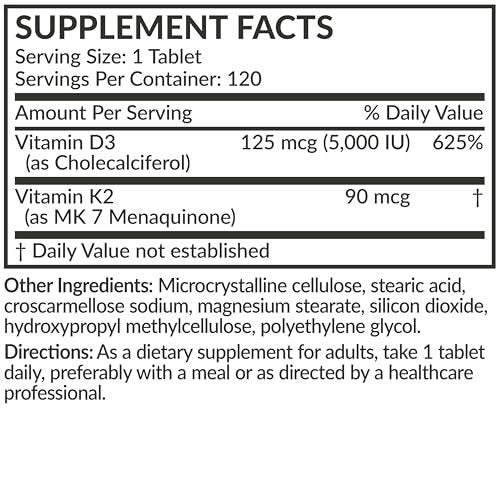 Futurebiotics Vitamin K2 with D3, 2 in 1 Support, 5000 IU Vitamin D3 & 90 mcg Vitamin K2 MK-7 Non-GMO, 120 Tablets - görsel 1