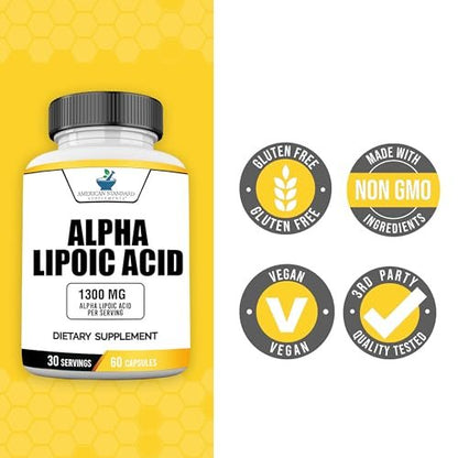 American Standard Supplements Alpha Lipoic Acid 1300mg Per Serving - Vegan, Gluten Free, Non-GMO, 60 Capsules, 30 Servings