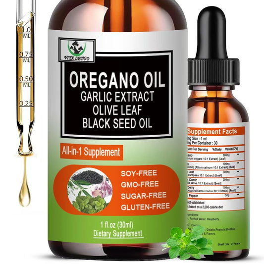 Vita letuo Organic Oil of Oregano with Black Seed Oil, Oregano Oil Liquid Drops w/Garlic Olive Leaf Elderberry for Immune, Digestive Support & Antioxidant, Seasonal Support Supplement for Women Men