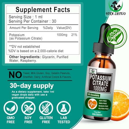 Potassium Citrate Liquid Drops, Potassium Supplement 1000mg Liquid Support Muscle Cramp Relief, Heart Health and Sleep, Highly Absorbable for Adults Women & Men, Vegan, 30 Servings