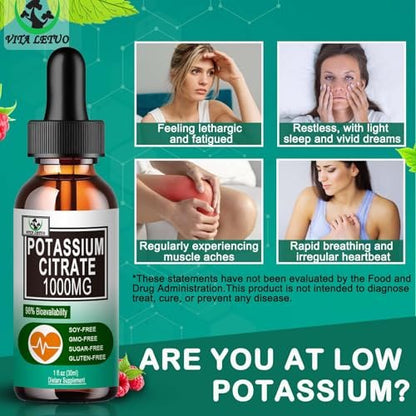 Potassium Citrate Liquid Drops, Potassium Supplement 1000mg Liquid Support Muscle Cramp Relief, Heart Health and Sleep, Highly Absorbable for Adults Women & Men, Vegan, 30 Servings