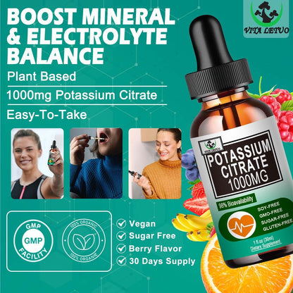 Potassium Citrate Liquid Drops, Potassium Supplement 1000mg Liquid Support Muscle Cramp Relief, Heart Health and Sleep, Highly Absorbable for Adults Women & Men, Vegan, 30 Servings