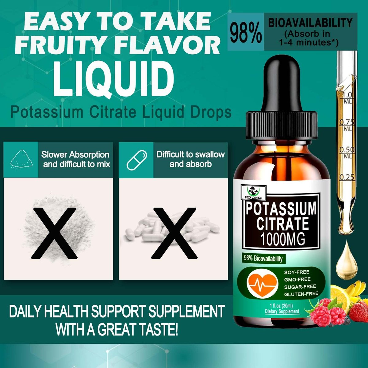Potassium Citrate Liquid Drops, Potassium Supplement 1000mg Liquid Support Muscle Cramp Relief, Heart Health and Sleep, Highly Absorbable for Adults Women & Men, Vegan, 30 Servings - görsel 7