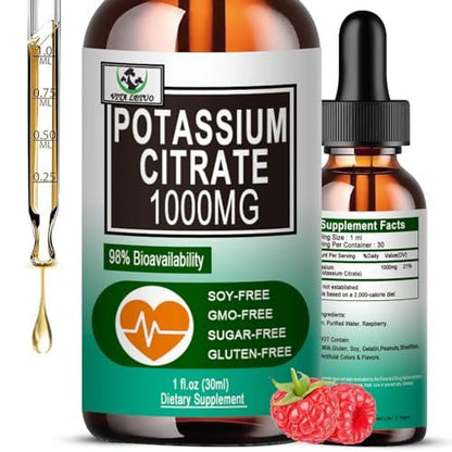 Potassium Citrate Liquid Drops, Potassium Supplement 1000mg Liquid Support Muscle Cramp Relief, Heart Health and Sleep, Highly Absorbable for Adults Women & Men, Vegan, 30 Servings