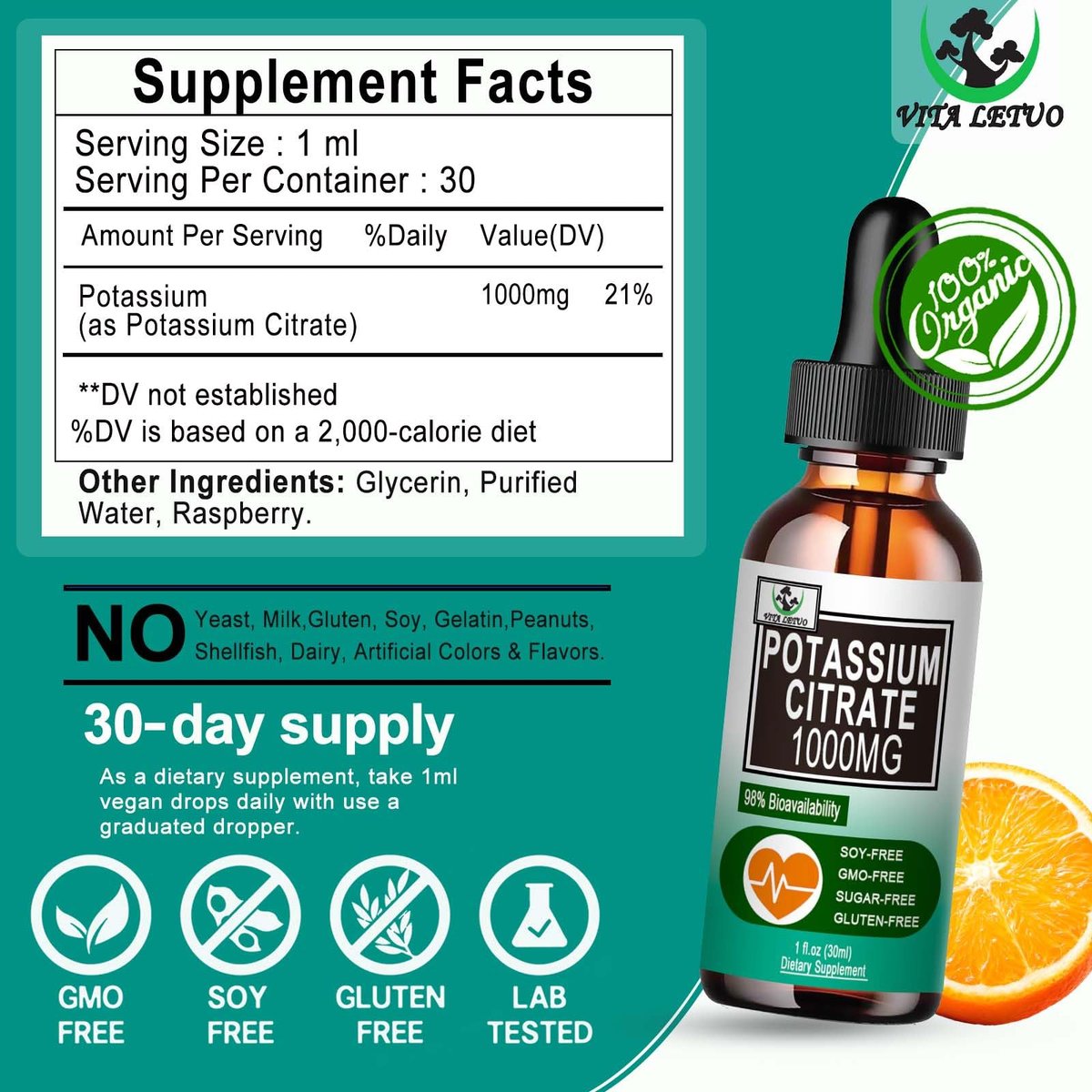 Potassium Citrate Liquid Drops, Potassium Supplement 1000mg Liquid Support Muscle Cramp Relief, Heart Health and Sleep, Highly Absorbable for Adults Women & Men, Vegan, 30 Servings - görsel 15
