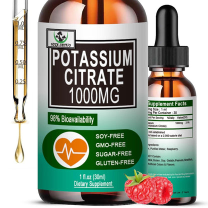 Potassium Citrate Liquid Drops, Potassium Supplement 1000mg Liquid Support Muscle Cramp Relief, Heart Health and Sleep, Highly Absorbable for Adults Women & Men, Vegan, 30 Servings