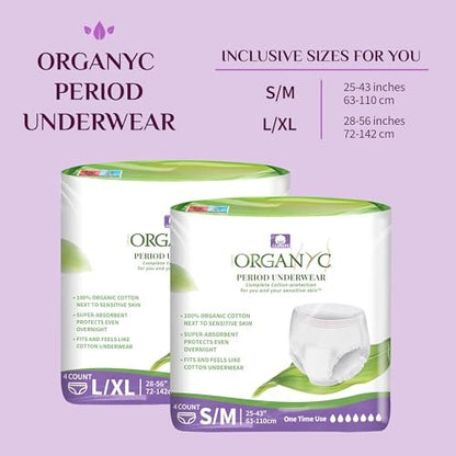 Organyc Certified Organic Cotton Disposable Period Underwear for Sensitive Skin, Super Absorbent, All-Day or Overnight, S/M, 4 Count