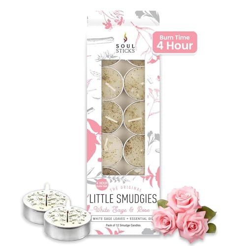 SOUL STICKS 12 Pack Little Smudgies Tealight Candles Smudge Candle for Cleansing House, Meditation, Chakra Healing | Made with Crystals and Herbs (White Sage & Rose) - görsel 4