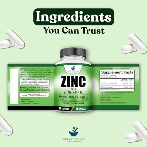American Standard Supplements Zinc 100mg, Vitamin C 1000mg, and Vitamin D3 5000 IU (125mcg) Per Serving - Gluten Free, Non-GMO, 120 Capsules, 60 Servings - görsel 9