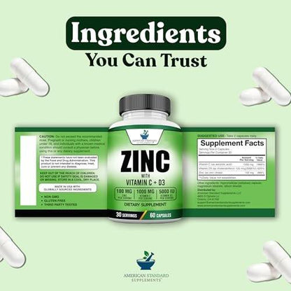 American Standard Supplements Zinc 100mg, Vitamin C 1000mg, and Vitamin D3 5000 IU (125mcg) Per Serving - Gluten Free, Non-GMO, 120 Capsules, 60 Servings