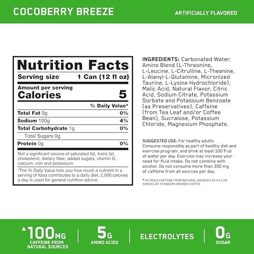 Optimum Nutrition Amino Energy Sparkling Hydration Drink, Electrolytes, Caffeine, Amino Acids, BCAAs, Sugar Free, Cocoberry Breeze, 12 Fl Oz, 12 Pack (Packaging May Vary) - görsel 4