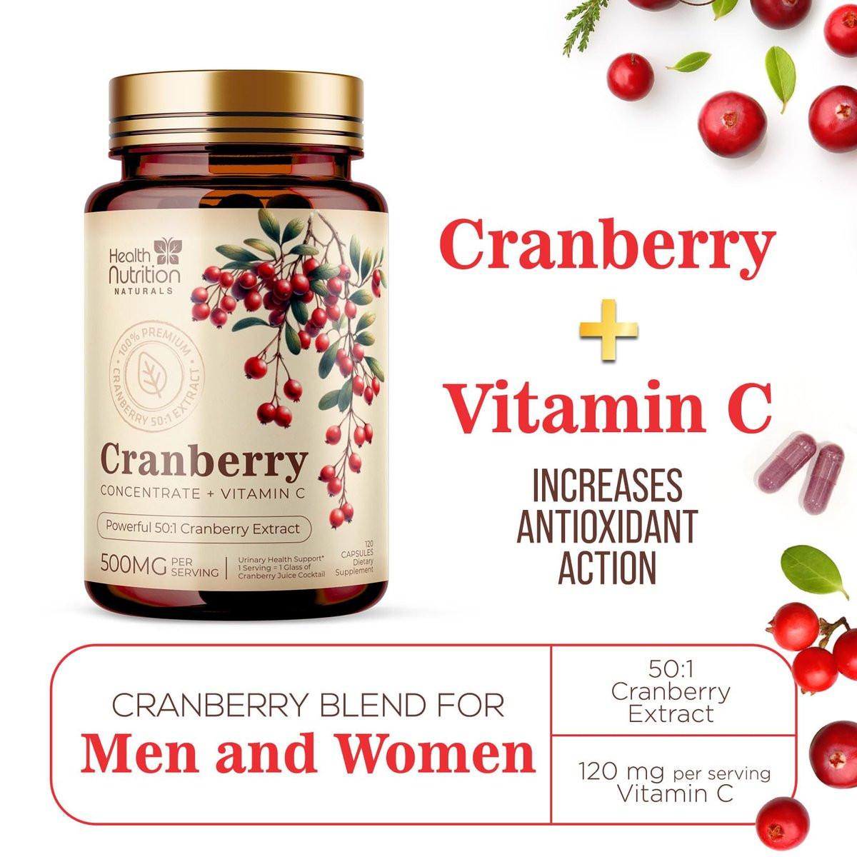 Cranberry Extract 500mg Per Serving - Cranberry Powder Supplement with Vitamins C - Urinary Tract Health Support, Cran Berry Fruit, Sugar Free Formula, Bottled in USA - 120 Capsules - görsel 12