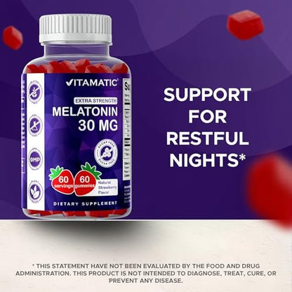 Vitamatic Sugar Free Melatonin 30mg per Gummy - 60 Servings - 60 Vegetarian Gummies - Non-Habit Forming Supplement (60 Count (Pack of 2))