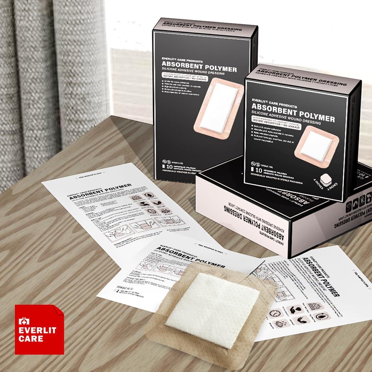 EVERLIT Super Absorbent Polymer Wound Dressing | Silicone Self-Adhesive Bandages with Ultrasorb Matrix for High Retention | 4" x 4" Sterile Adhesive Dressings Pack of 10 - görsel 4