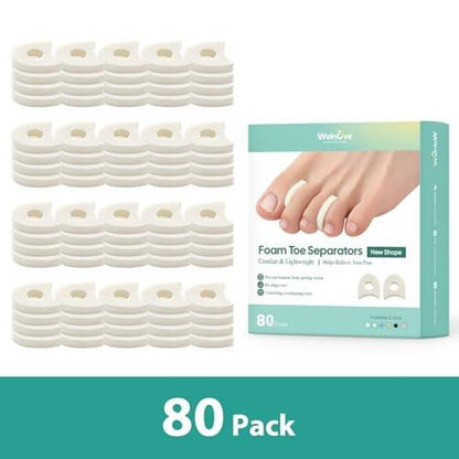 Welnove Foam Toe Separators - 80 Pack Toe Spacers for Corn, Blister, and Hammer Toe Relief - Breathable, Adhesive Options for Pain from Bunions, and Toe Overlap, Toe Spacers for Men
