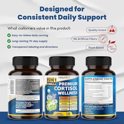 VEGATOT Organic Cortisol Wellness Complex 15-in-1 Formula with Magnesium Ashwagandha St. John's Wort Valerian Rhodiola Rosea Passionflower Chamomile - görsel 7